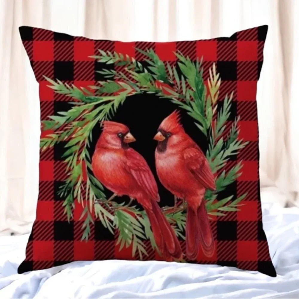 Pillow Cover Bird Cardinal Christmas Holiday Buffalo Check Plaid Square 17.5 in